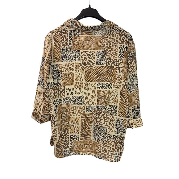 Vtg 90s BonWorth Womens Sheer Animal Print Button Front Blouse L 3/4 Sleeve - Picture 2 of 4